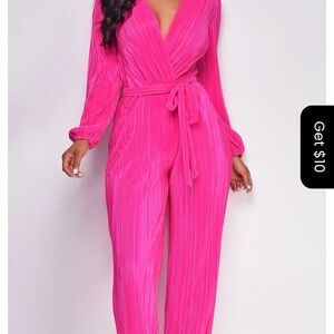Hot Pink Full Length Jumpsuit with Deep V-Neck and Tie Waist